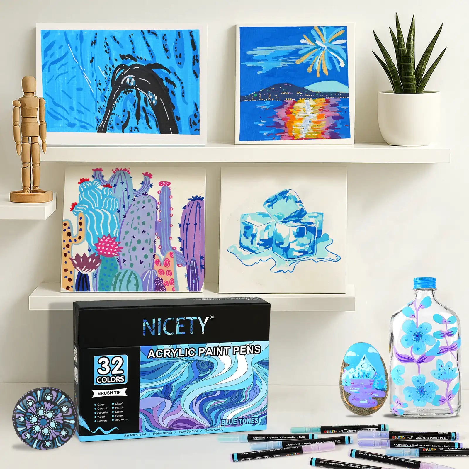 Nicety 32 Colors Acrylic Paint Pens, Blue Tones, Direct Liquid Ink, Art Markers Set for Painting