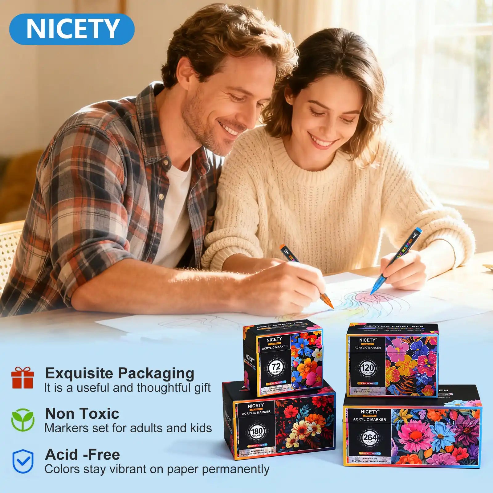 Nicety 72 Colors Single Tip Acrylic Paint Pens Set, Quick Dry Waterproof Art Markers for Drawing, Painting & Crafts