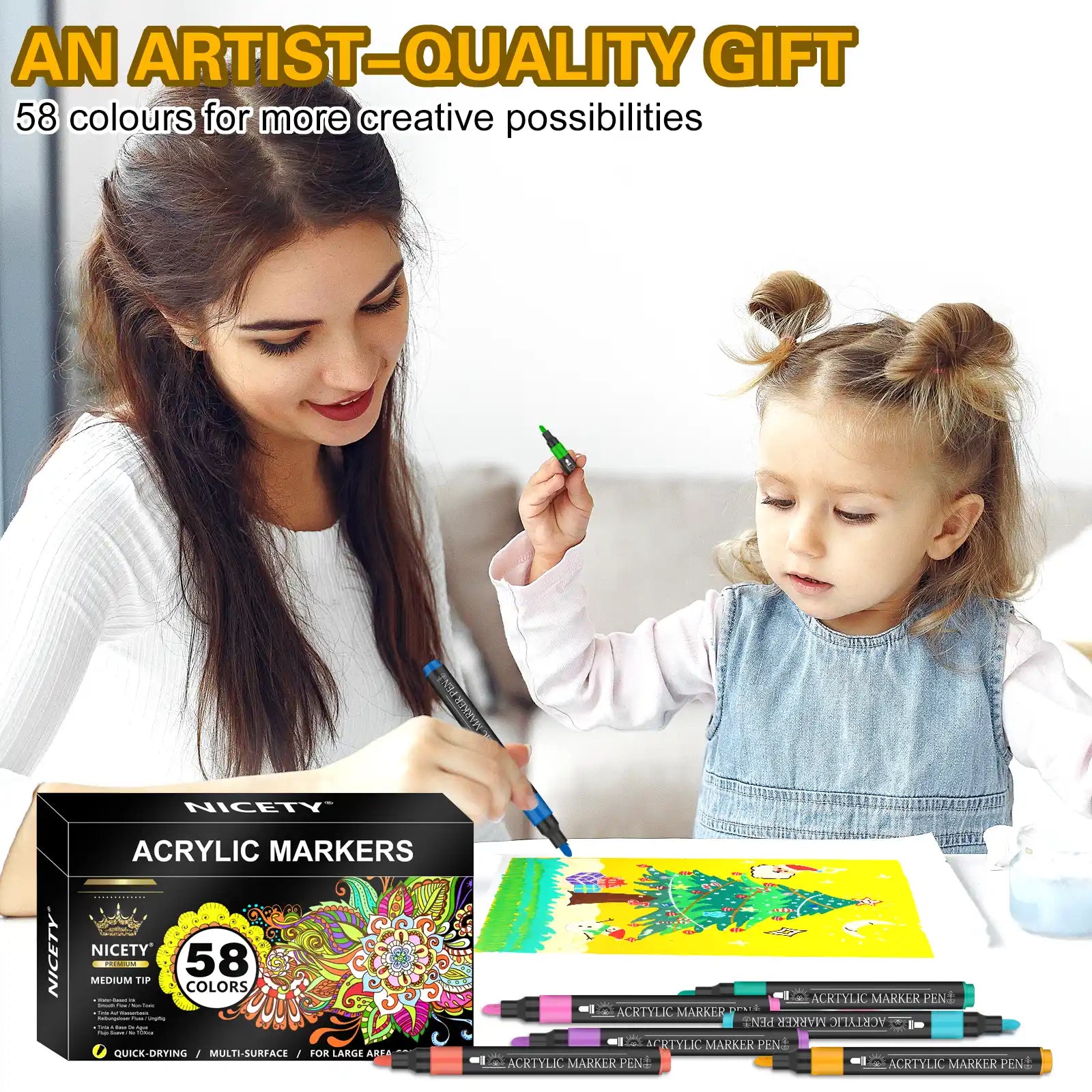 Nicety 58 Colors Single Tip Acrylic Paint Pens Set, Quick Dry Waterproof Art Markers for Drawing, Painting & Crafts