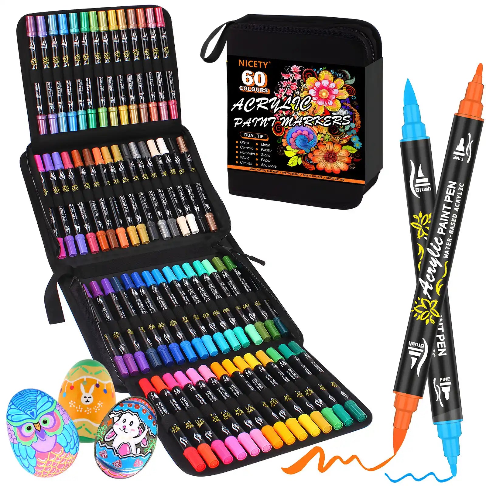Nicety 60 Colors Dual Tip Acrylic Paint Pens Set, Quick Dry Waterproof Art Markers for Drawing & Crafts